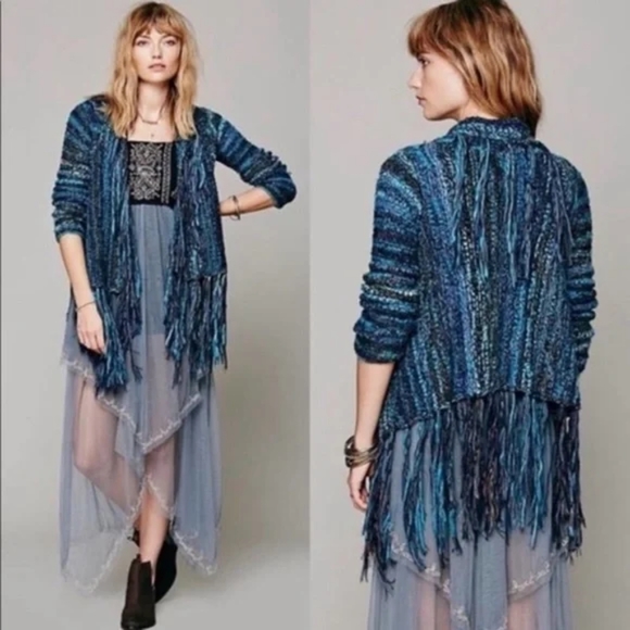 Free People Birkenstock Fringe Cascading Cardigan Sweater Blue xsmall - Picture 3 of 5
